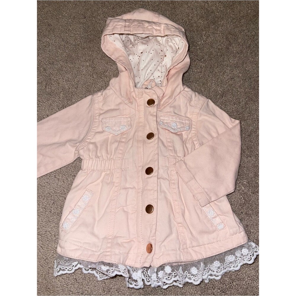 Baby Girl’s 100% Cotton Light Pink Hooded Lace-Trim Jacket